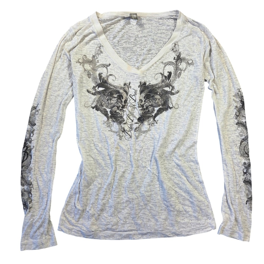 Hot Leathers Women White Burnout Biker Born & Bred Skull Graphic V-Neck Top XL